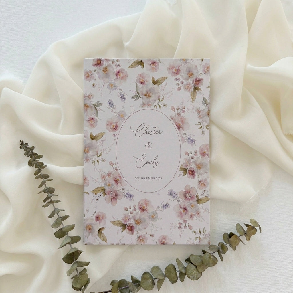 Hardcover wedding invitations offer a premium, book-like luxury presentation that makes a lasting statement for high-end ceremonies. Built on durable rigid chipboard, these invitations are often paired with high-end textures like matte laminate, velvet, or suede, and are finished with elegant hot foil stamping.