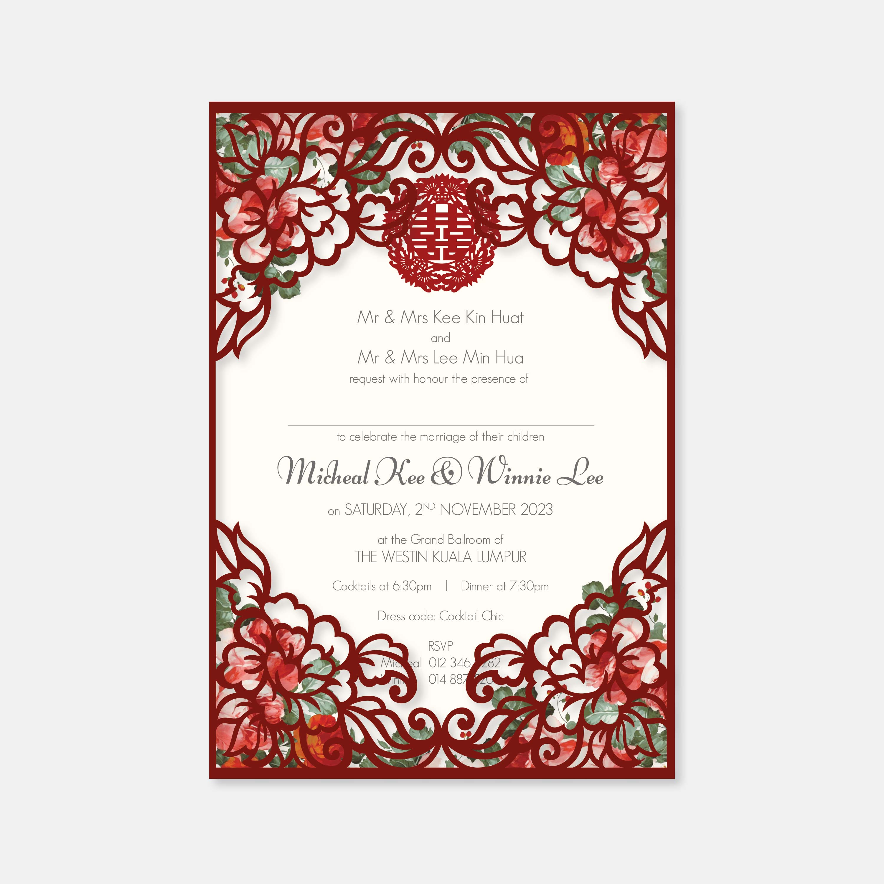 Wedding invitation card with red floral design and white text on a white background