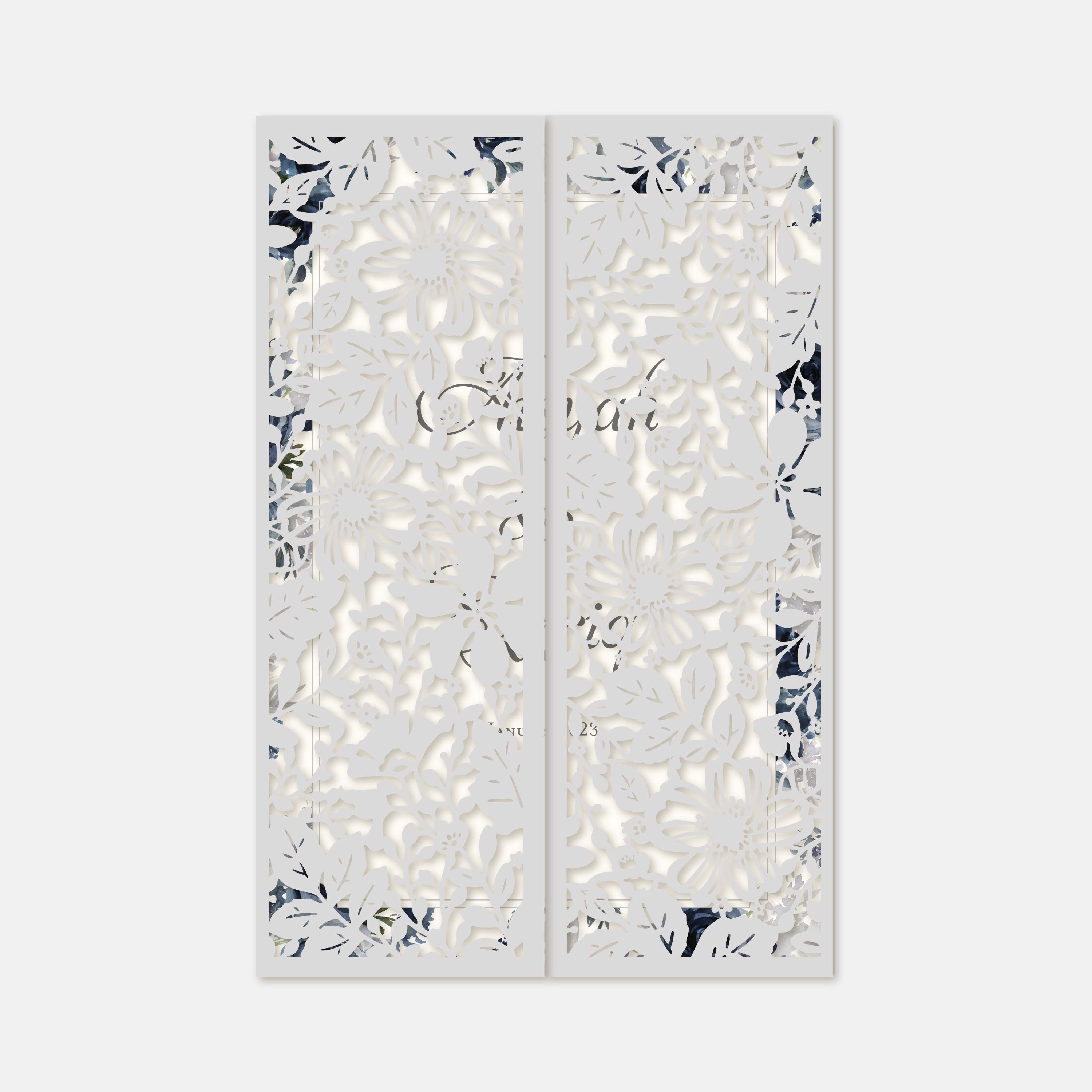 Decorative wedding card with laser-out patterns and 'Celine' branding on a white background