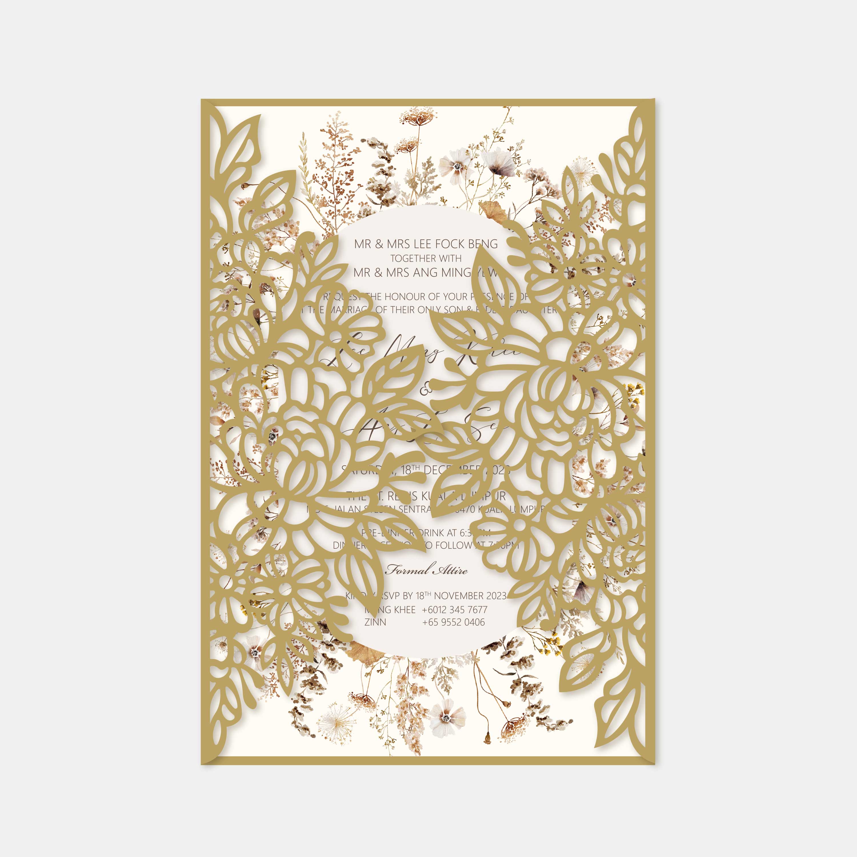 Decorative wedding invitation with gold floral cutout design on a white background