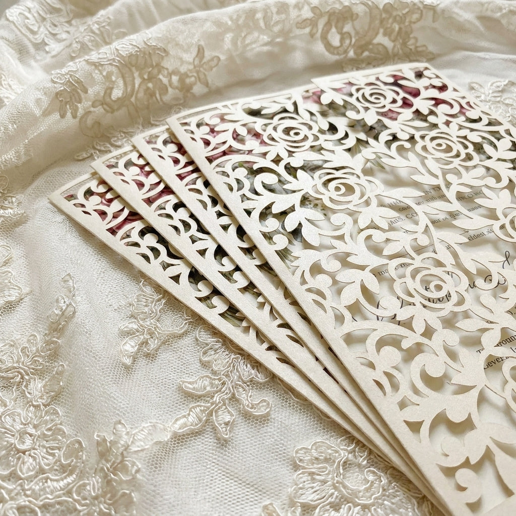 Laser-cut wedding invitations on a lace fabric background