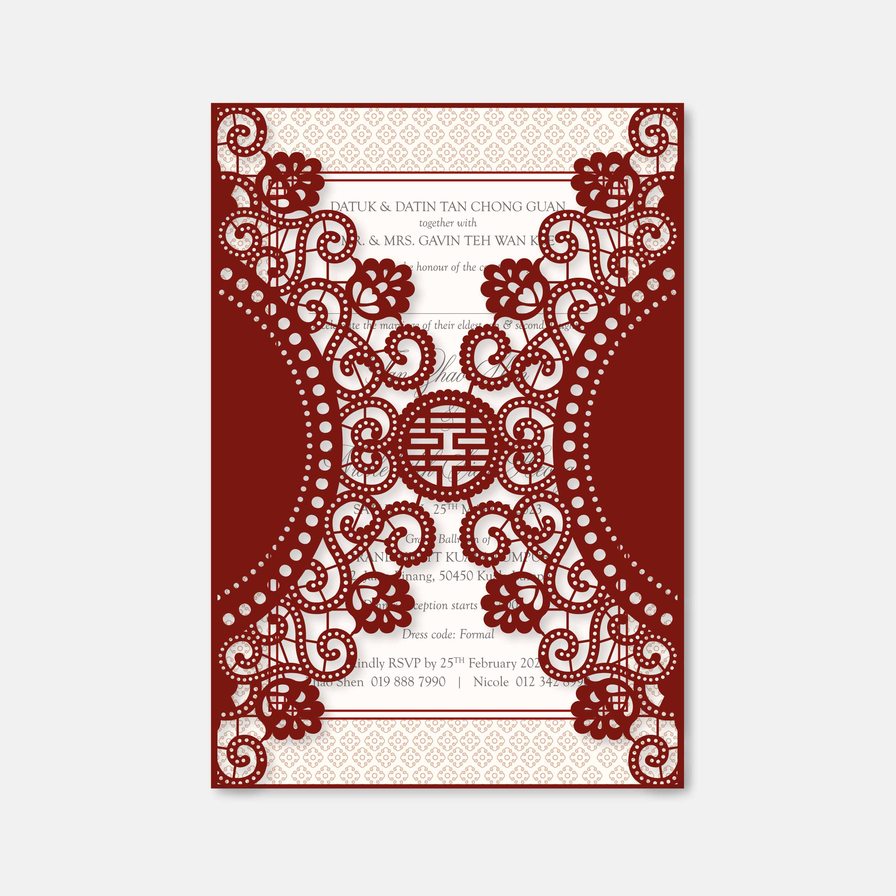 Decorative red and white invitation card with intricate patterns on a white background
