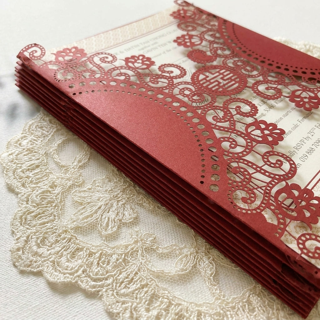 Stack of red laser-cut cards in a most sort after oriental design and theme