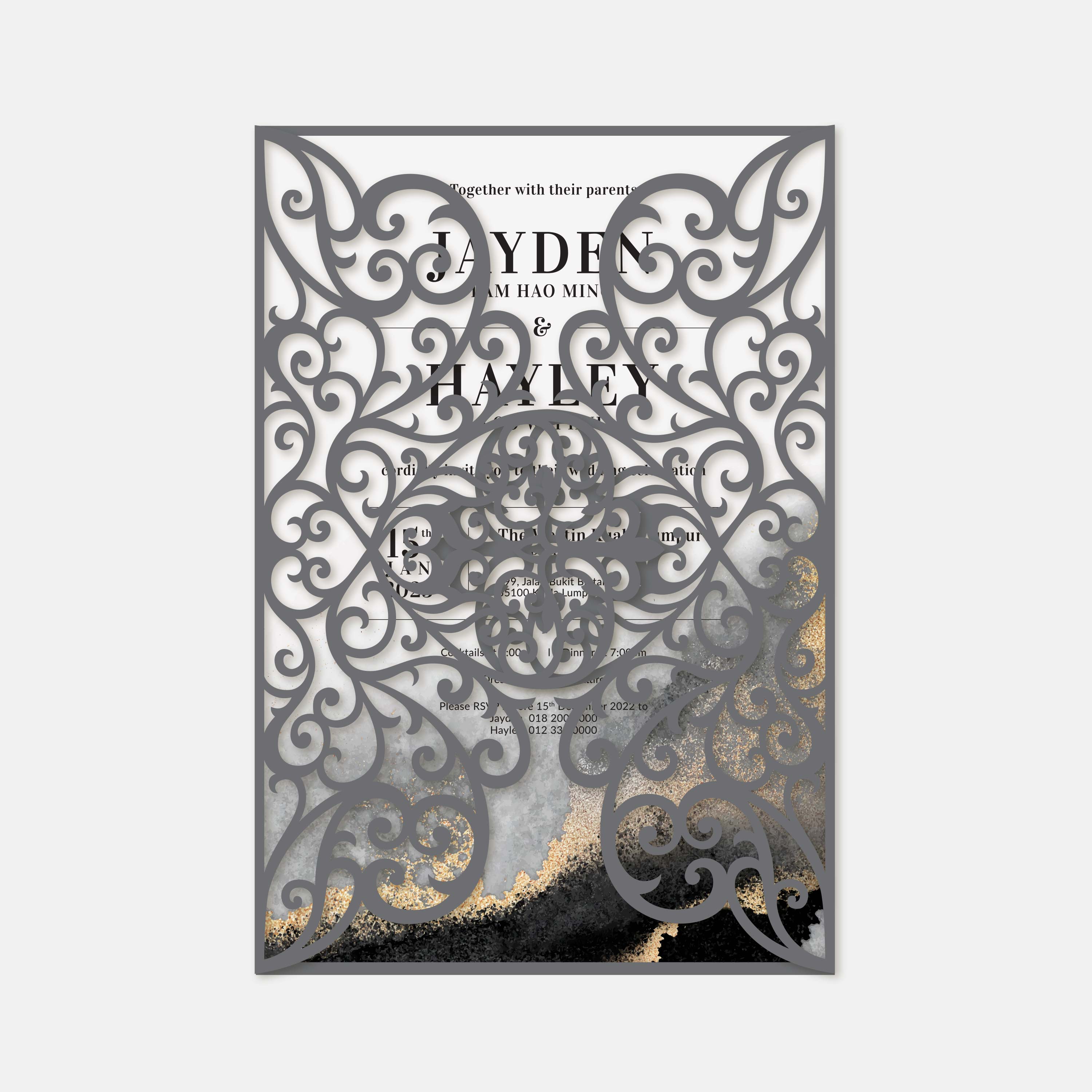 Decorative wedding invitation with intricate patterns and text on a white background