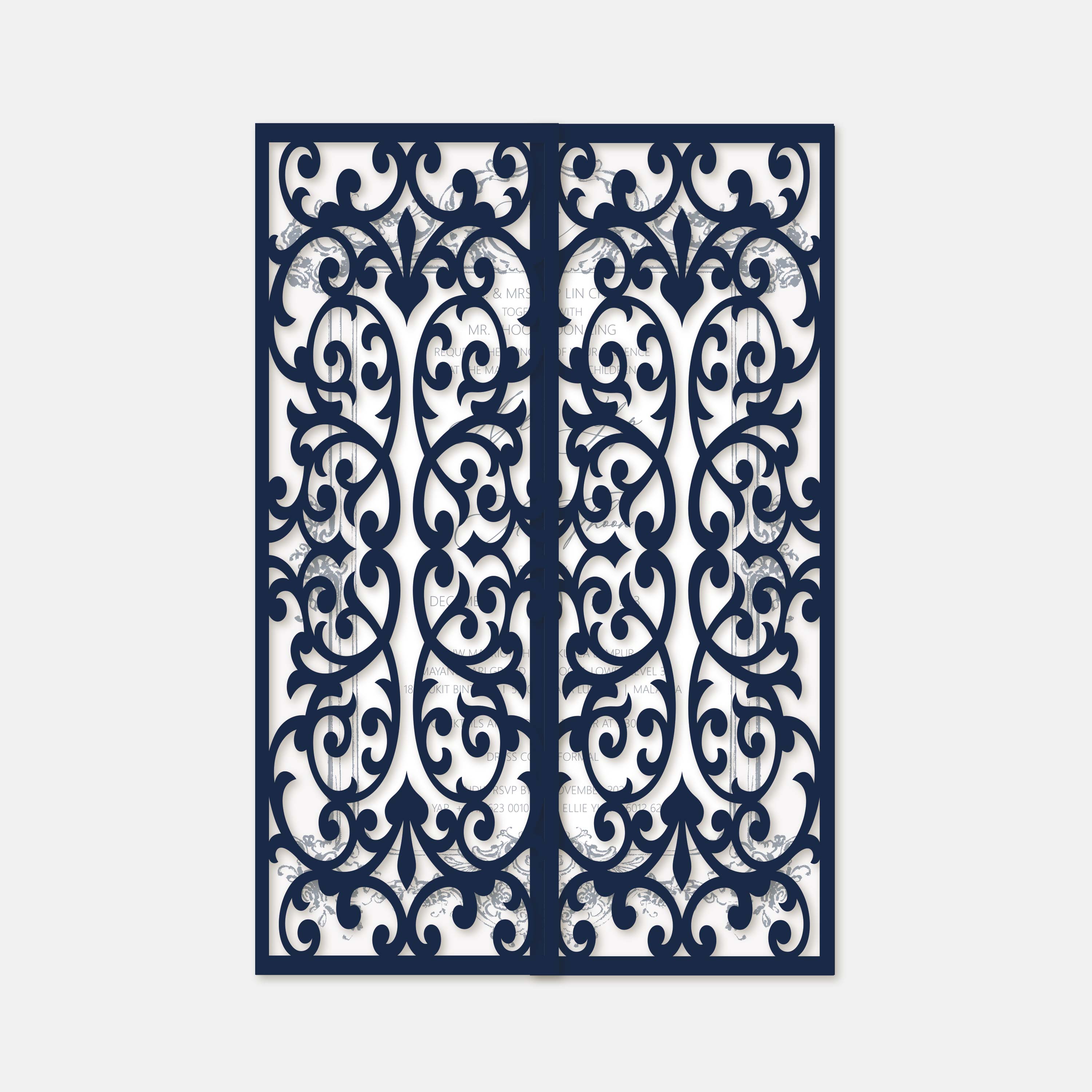 Decorative metal screen with intricate cut-out patterns on a white background