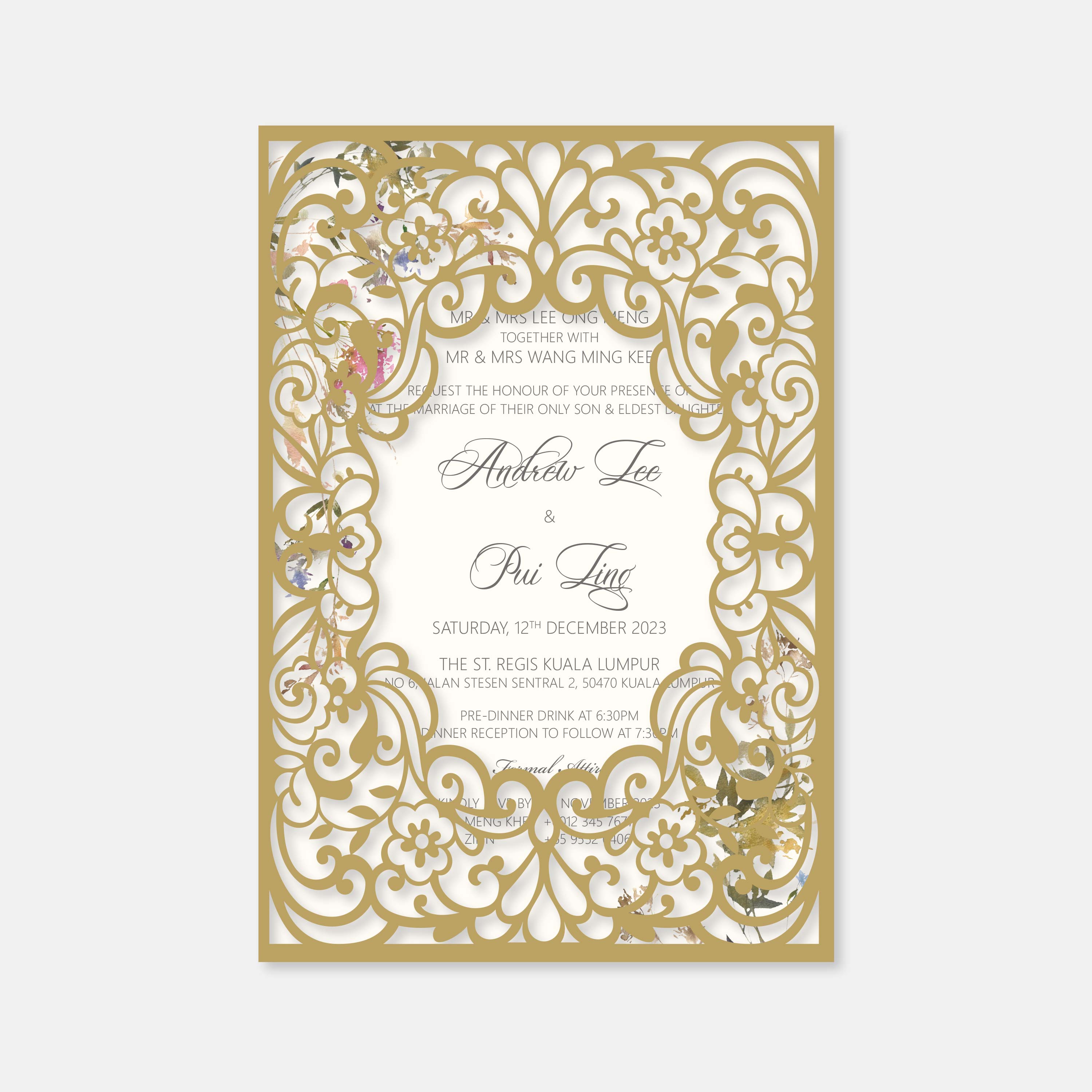 Decorative wedding invitation with gold and white intricate design on a white background