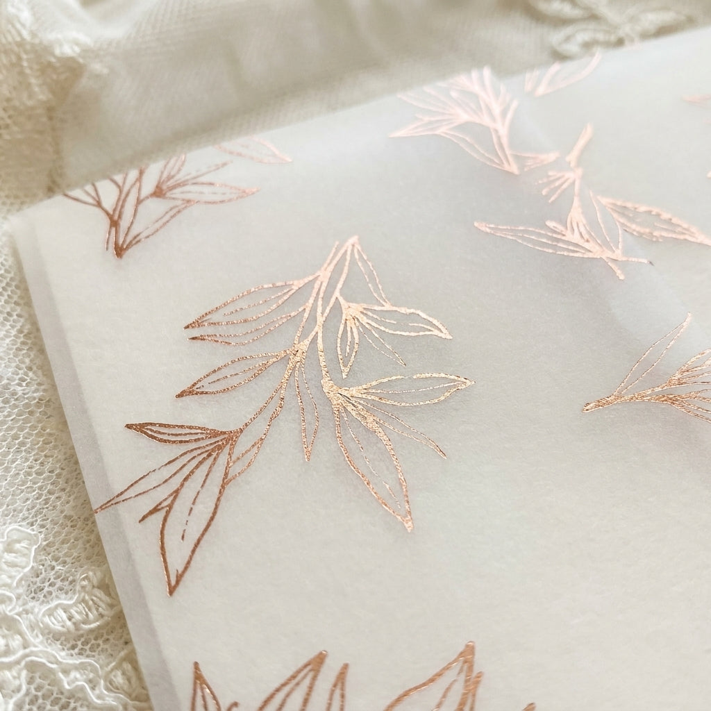 Real foil wedding invitations add a striking, metallic shine and a luxurious, tactile feel to your stationery that cannot be replicated by standard digital printing. Real foil uses heat and pressure to bond true metallic material directly onto your paper or cardstock.