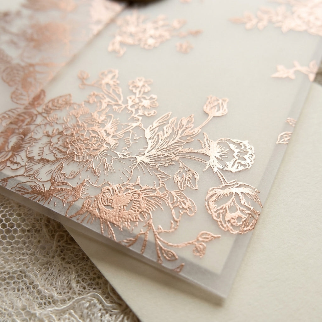Real foil wedding invitations add a striking, metallic shine and a luxurious, tactile feel to your stationery that cannot be replicated by standard digital printing. Real foil uses heat and pressure to bond true metallic material directly onto your paper or cardstock.