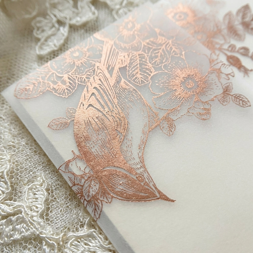 Real foil wedding invitations add a striking, metallic shine and a luxurious, tactile feel to your stationery that cannot be replicated by standard digital printing. Real foil uses heat and pressure to bond true metallic material directly onto your paper or cardstock.