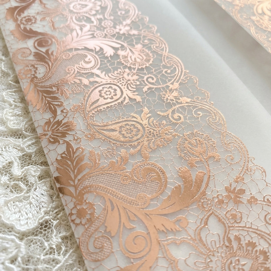 Real foil wedding invitations add a striking, metallic shine and a luxurious, tactile feel to your stationery that cannot be replicated by standard digital printing. Real foil uses heat and pressure to bond true metallic material directly onto your paper or cardstock.