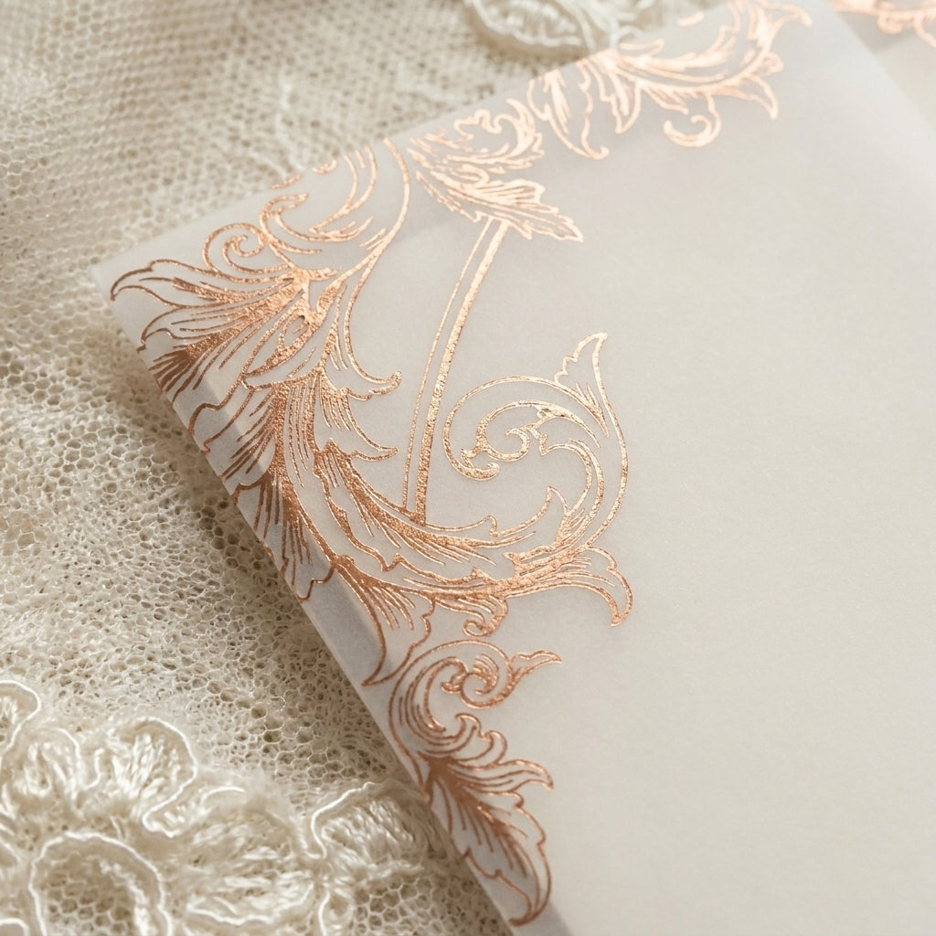 Real foil wedding invitations add a striking, metallic shine and a luxurious, tactile feel to your stationery that cannot be replicated by standard digital printing. Real foil uses heat and pressure to bond true metallic material directly onto your paper or cardstock.