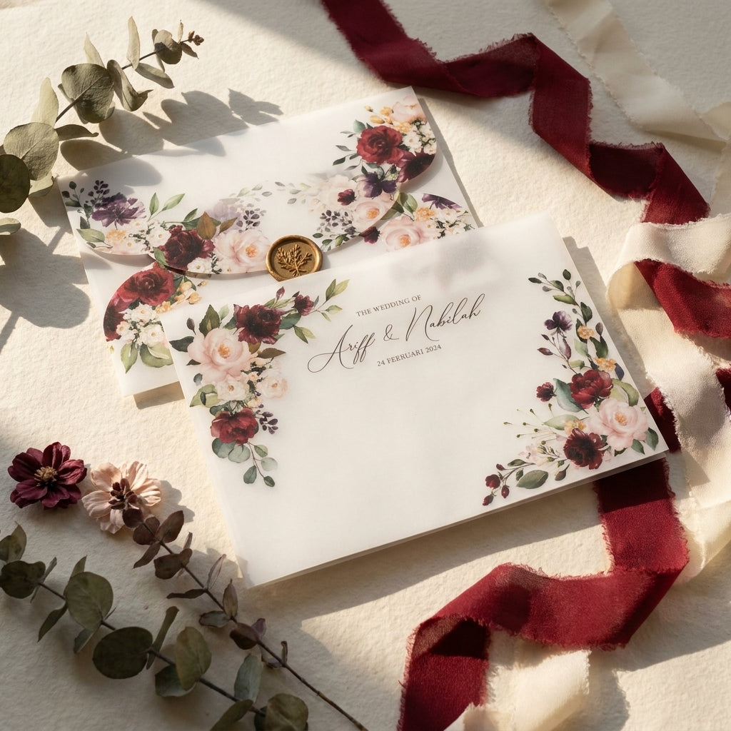 A scallop vellum envelope or wrap adds a soft, romantic, and tactile dimension to your wedding invitation suite. The translucent paper allows a sneak peek of your design underneath, while the laser-cut wavy edges elevate the presentation.