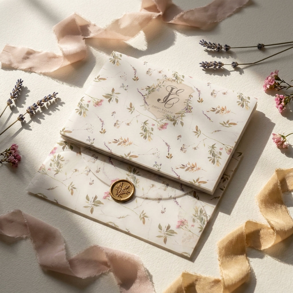 A scallop vellum envelope or wrap adds a soft, romantic, and tactile dimension to your wedding invitation suite. The translucent paper allows a sneak peek of your design underneath, while the laser-cut wavy edges elevate the presentation.