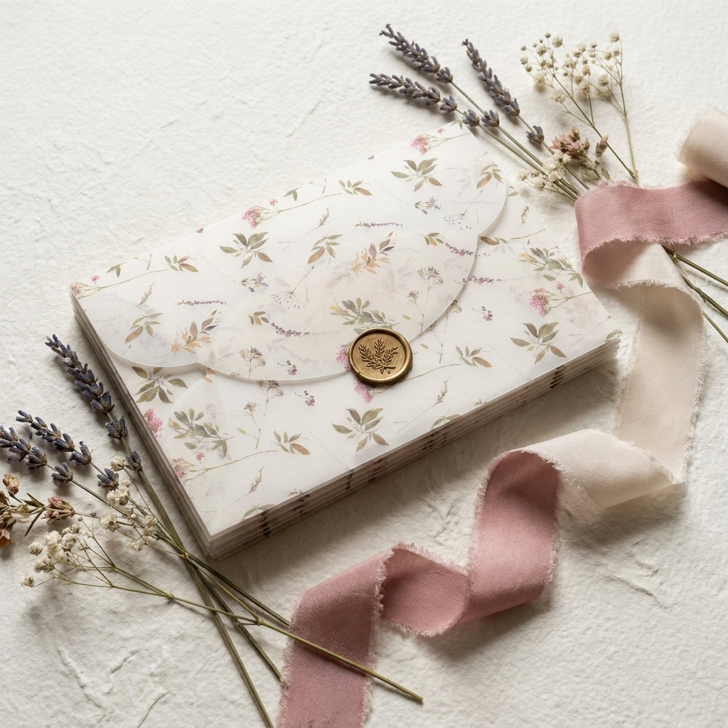 A scallop vellum envelope or wrap adds a soft, romantic, and tactile dimension to your wedding invitation suite. The translucent paper allows a sneak peek of your design underneath, while the laser-cut wavy edges elevate the presentation.