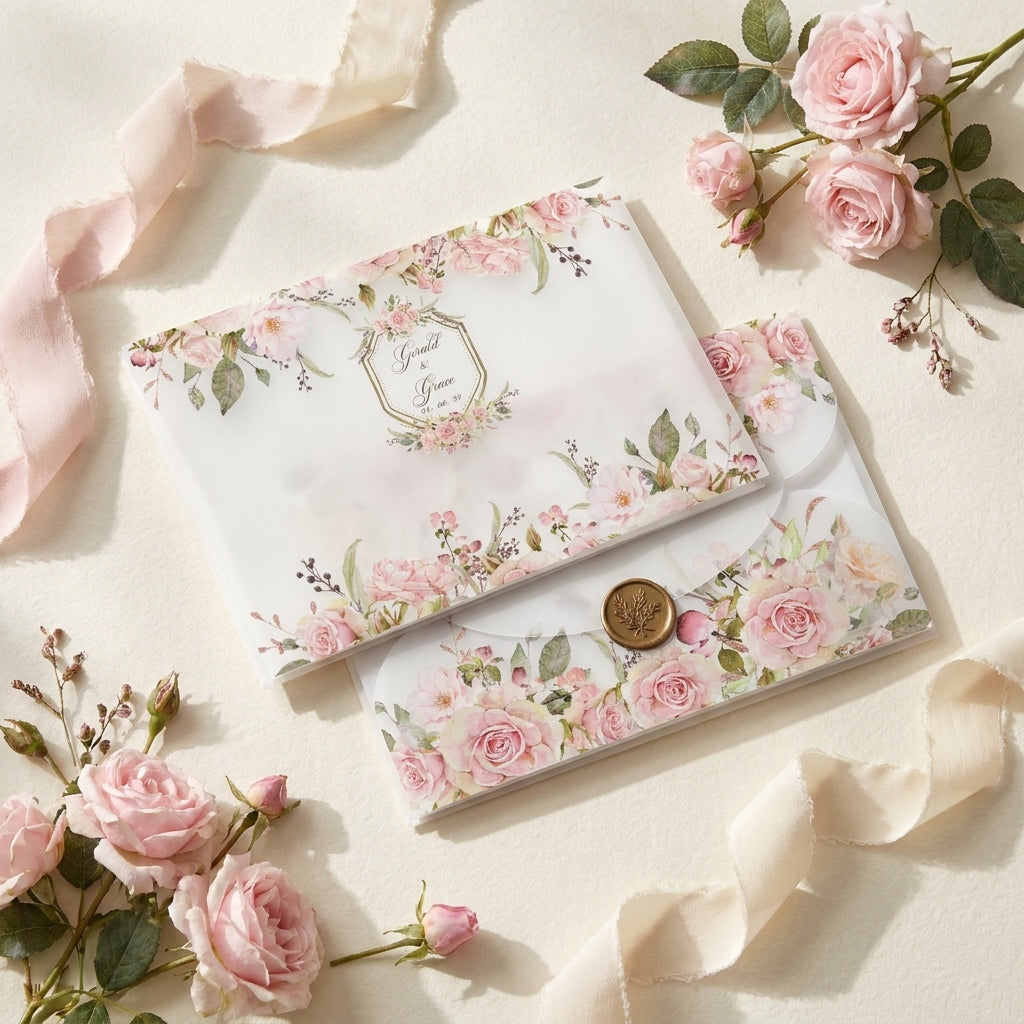 A scallop vellum envelope or wrap adds a soft, romantic, and tactile dimension to your wedding invitation suite. The translucent paper allows a sneak peek of your design underneath, while the laser-cut wavy edges elevate the presentation.