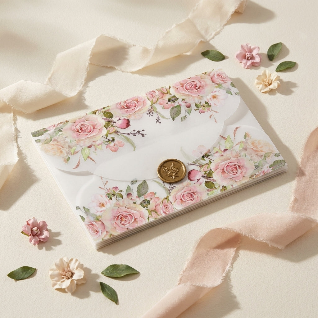 A scallop vellum envelope or wrap adds a soft, romantic, and tactile dimension to your wedding invitation suite. The translucent paper allows a sneak peek of your design underneath, while the laser-cut wavy edges elevate the presentation.