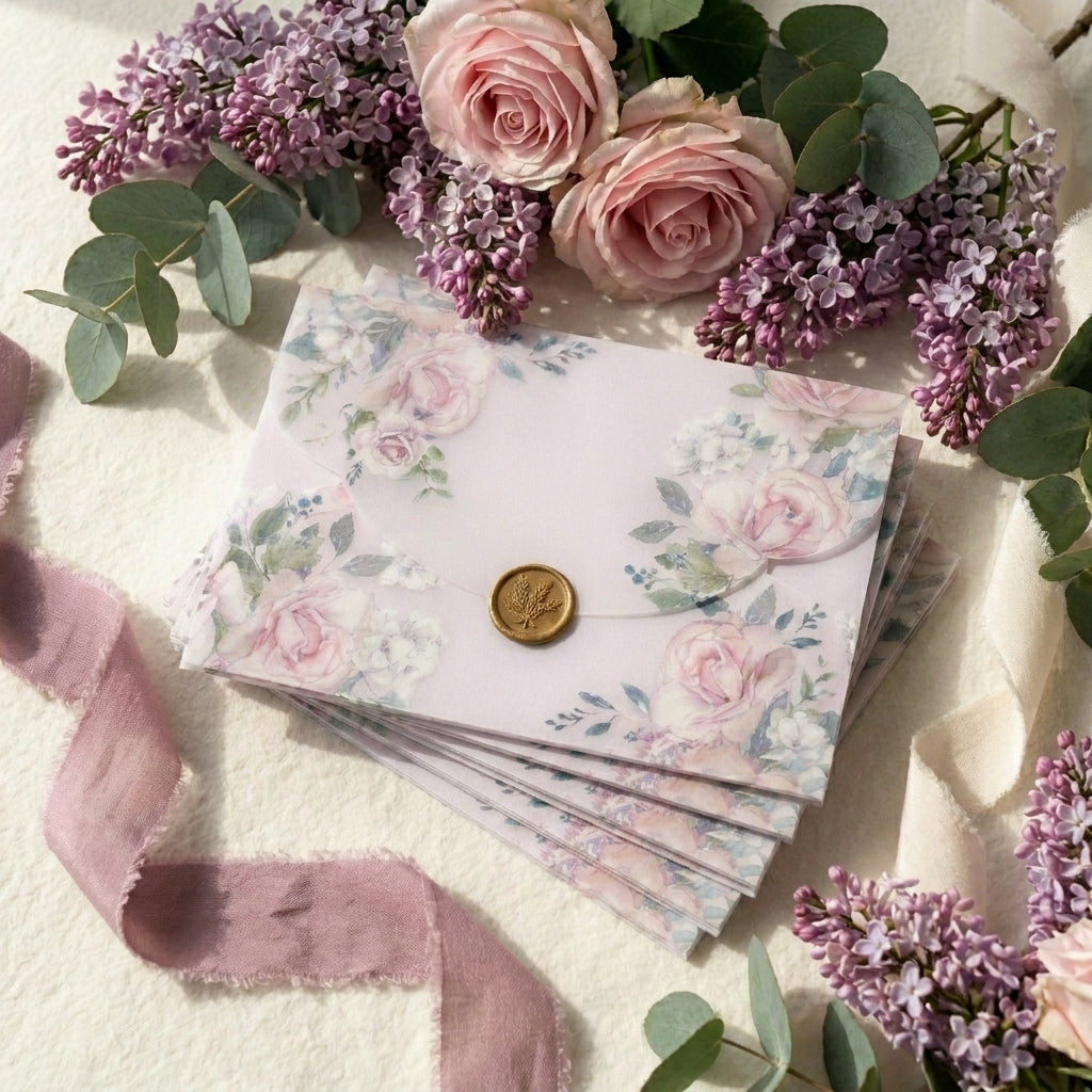 A scallop vellum envelope or wrap adds a soft, romantic, and tactile dimension to your wedding invitation suite. The translucent paper allows a sneak peek of your design underneath, while the laser-cut wavy edges elevate the presentation.