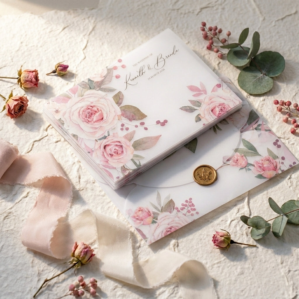 A scallop vellum envelope or wrap adds a soft, romantic, and tactile dimension to your wedding invitation suite. The translucent paper allows a sneak peek of your design underneath, while the laser-cut wavy edges elevate the presentation.