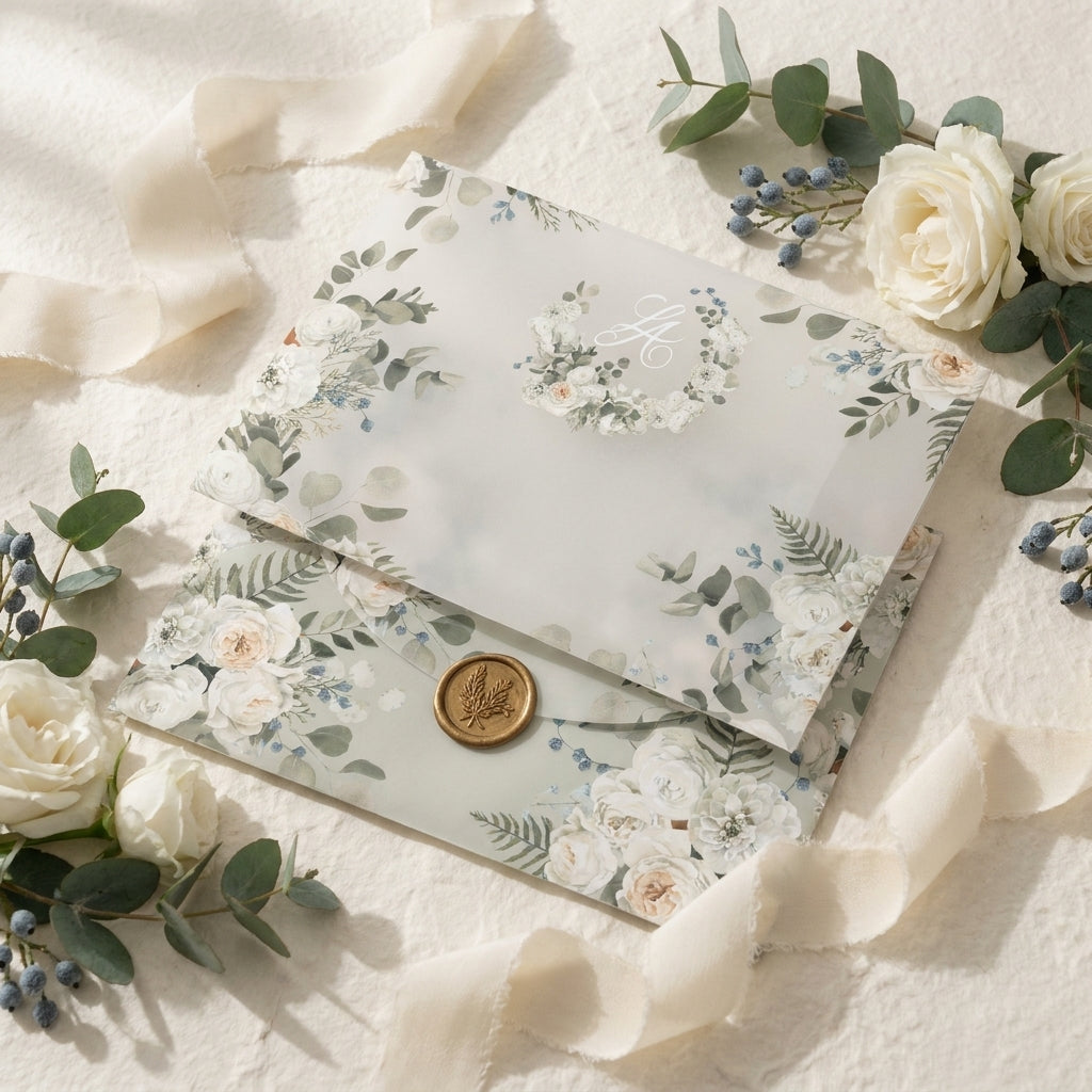 A scallop vellum envelope or wrap adds a soft, romantic, and tactile dimension to your wedding invitation suite. The translucent paper allows a sneak peek of your design underneath, while the laser-cut wavy edges elevate the presentation.