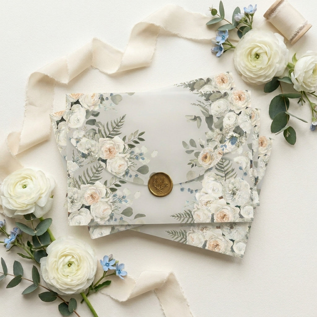 A scallop vellum envelope or wrap adds a soft, romantic, and tactile dimension to your wedding invitation suite. The translucent paper allows a sneak peek of your design underneath, while the laser-cut wavy edges elevate the presentation.
