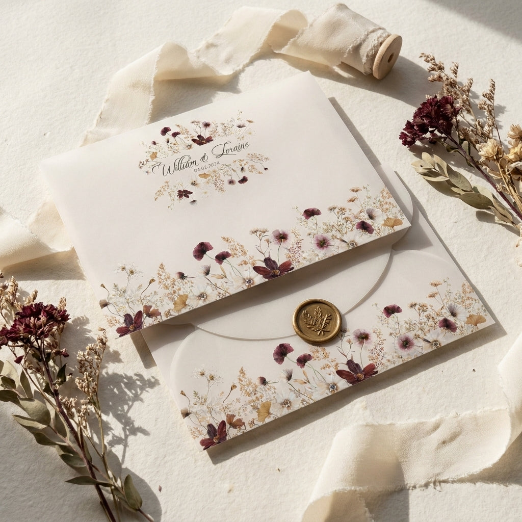 A scallop vellum envelope or wrap adds a soft, romantic, and tactile dimension to your wedding invitation suite. The translucent paper allows a sneak peek of your design underneath, while the laser-cut wavy edges elevate the presentation.