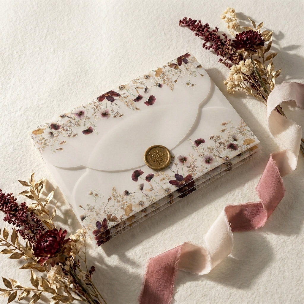 A scallop vellum envelope or wrap adds a soft, romantic, and tactile dimension to your wedding invitation suite. The translucent paper allows a sneak peek of your design underneath, while the laser-cut wavy edges elevate the presentation.