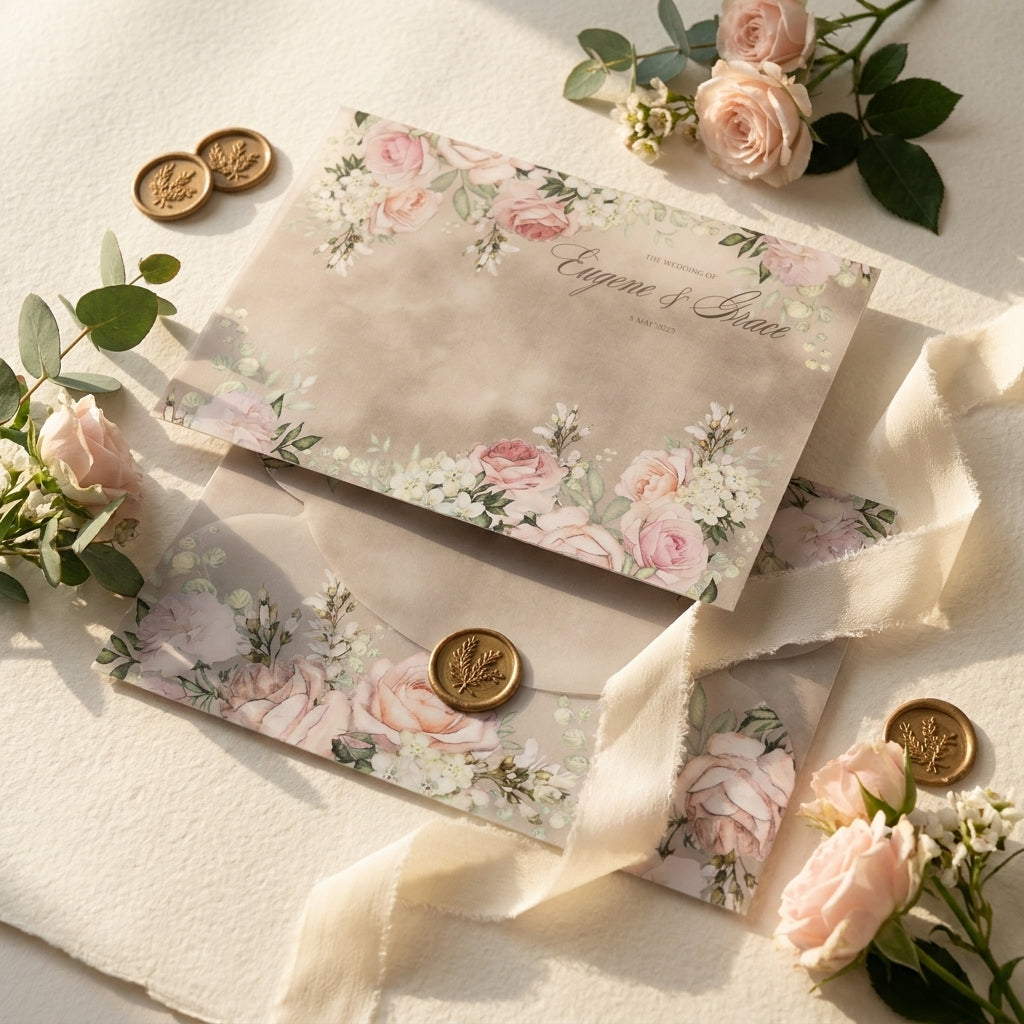 A scallop vellum envelope or wrap adds a soft, romantic, and tactile dimension to your wedding invitation suite. The translucent paper allows a sneak peek of your design underneath, while the laser-cut wavy edges elevate the presentation.
