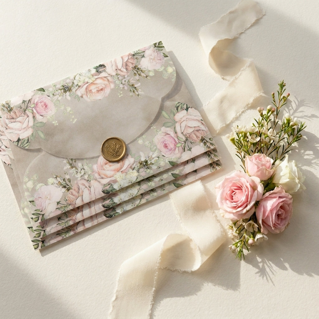 A scallop vellum envelope or wrap adds a soft, romantic, and tactile dimension to your wedding invitation suite. The translucent paper allows a sneak peek of your design underneath, while the laser-cut wavy edges elevate the presentation.