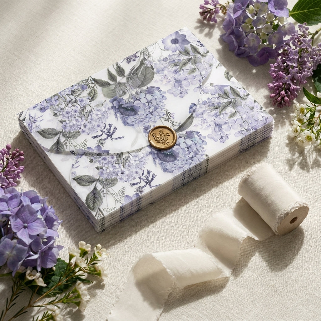 A scallop vellum envelope or wrap adds a soft, romantic, and tactile dimension to your wedding invitation suite. The translucent paper allows a sneak peek of your design underneath, while the laser-cut wavy edges elevate the presentation.