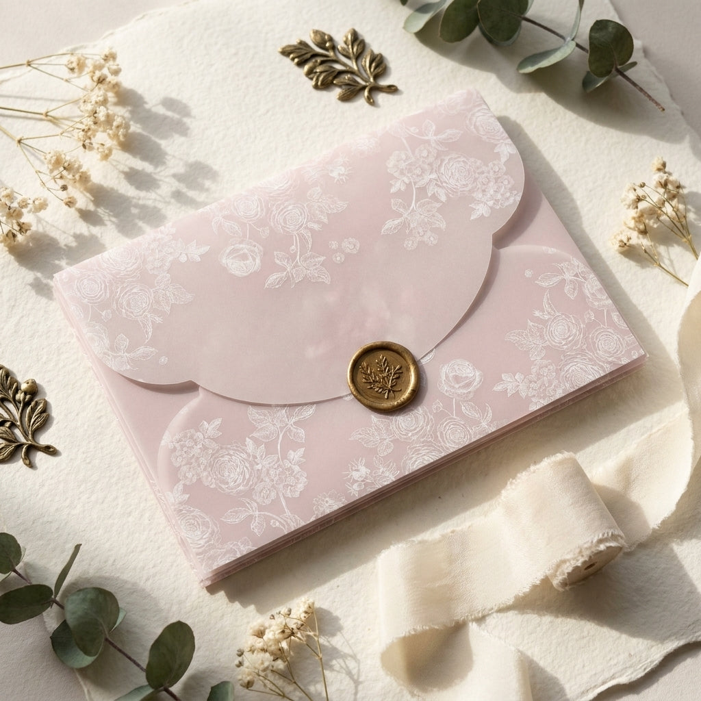 A scallop vellum envelope or wrap adds a soft, romantic, and tactile dimension to your wedding invitation suite. The translucent paper allows a sneak peek of your design underneath, while the laser-cut wavy edges elevate the presentation.