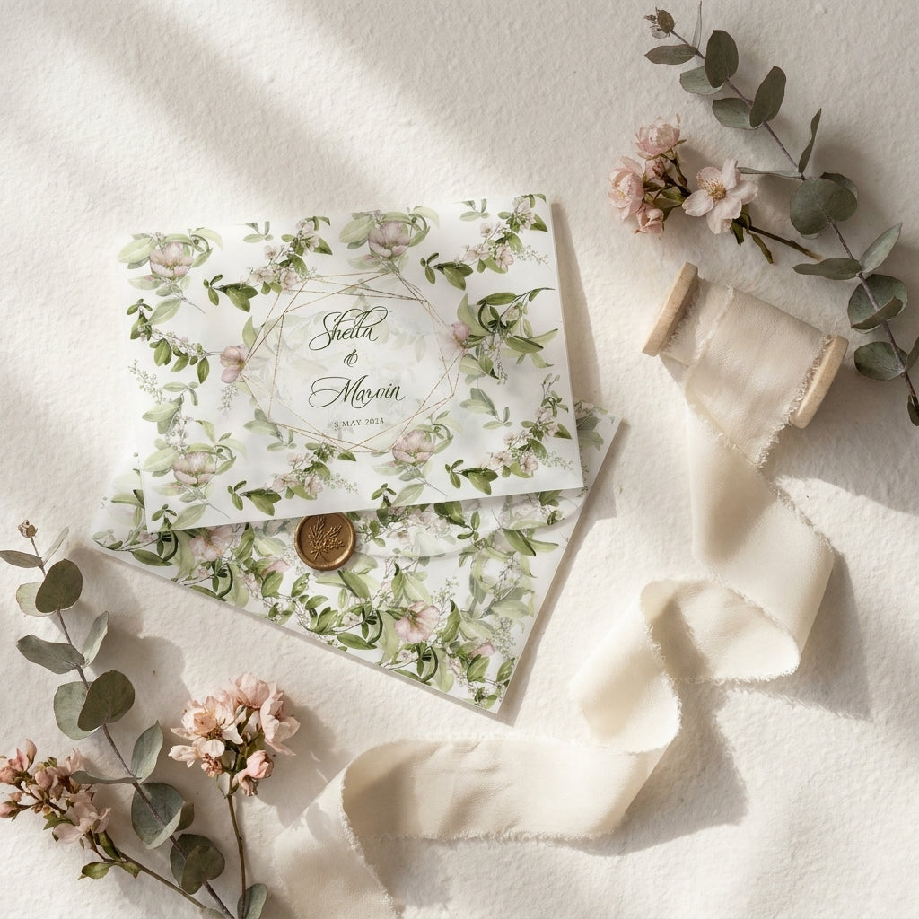 A scallop vellum envelope or wrap adds a soft, romantic, and tactile dimension to your wedding invitation suite. The translucent paper allows a sneak peek of your design underneath, while the laser-cut wavy edges elevate the presentation.