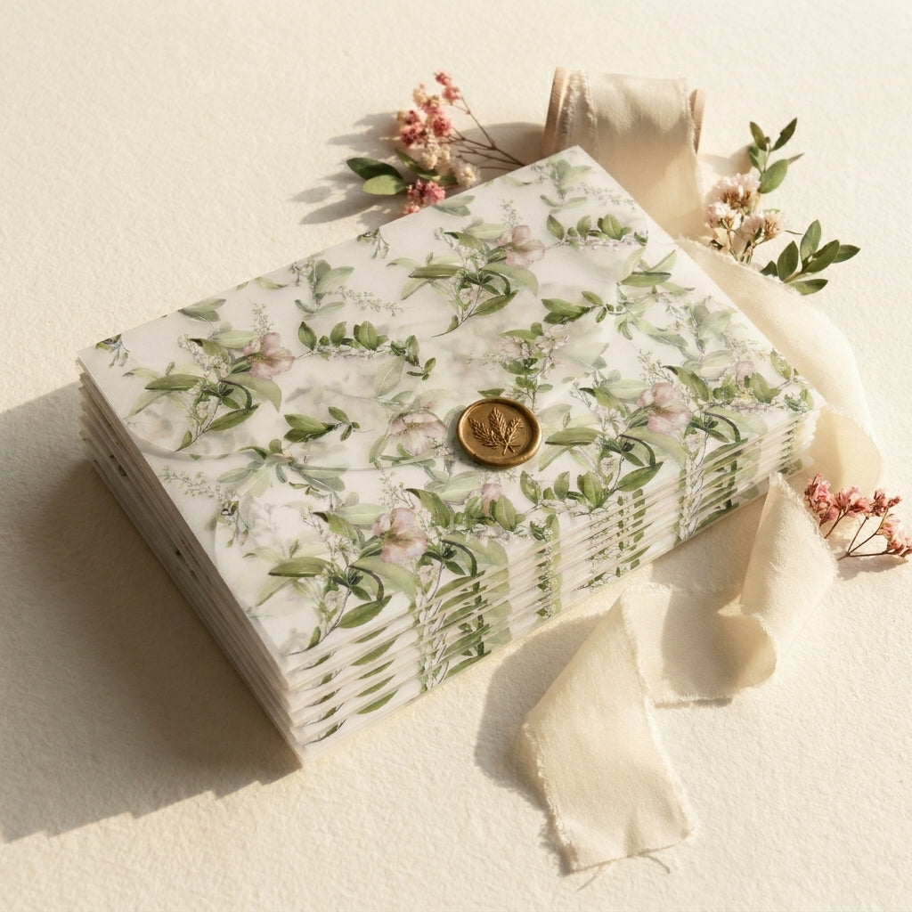 A scallop vellum envelope or wrap adds a soft, romantic, and tactile dimension to your wedding invitation suite. The translucent paper allows a sneak peek of your design underneath, while the laser-cut wavy edges elevate the presentation.