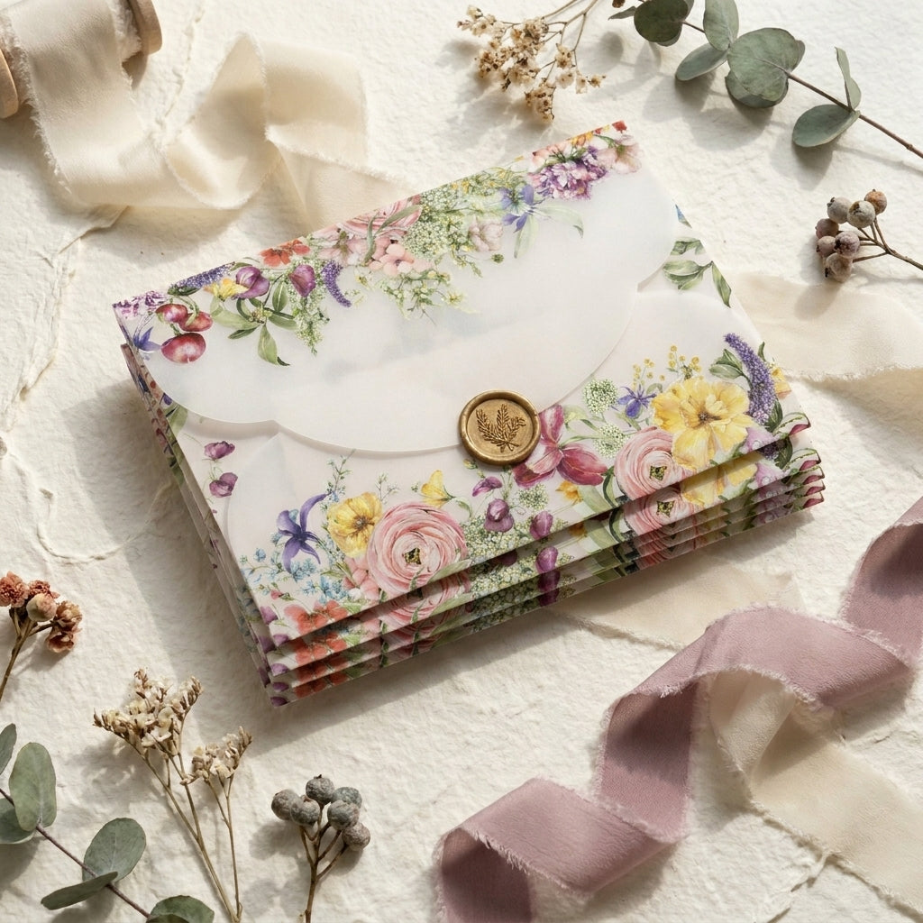 Set of floral envelopes with a gold seal on a textured surface with ribbons and flowers.