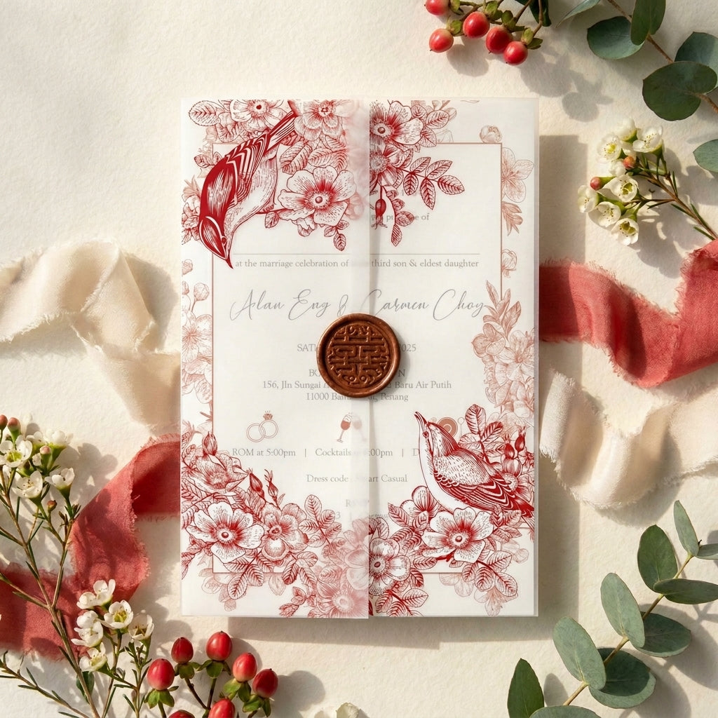 Vellum wedding invitation with red floral and bird designs, surrounded by flowers and ribbons on a light background.