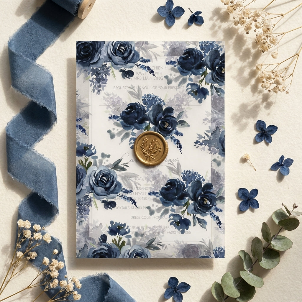 Vellum wedding invitation floral design with blue flowers and a gold emblem on a white background, surrounded by decorative elements.