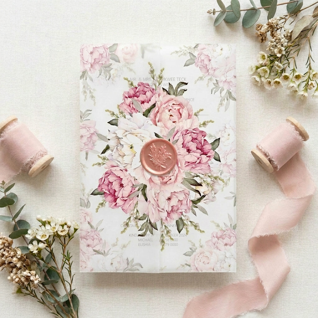 Floral vellum wedding invitation with pink flowers and a wax seal, surrounded by decorative elements on a light background