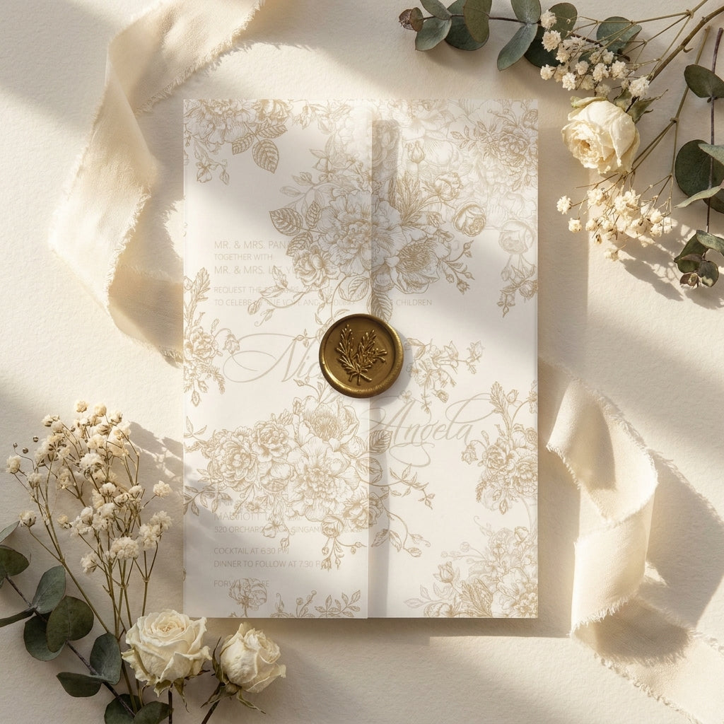Decorative vellum with floral design and wax seal on a light background with flowers.
