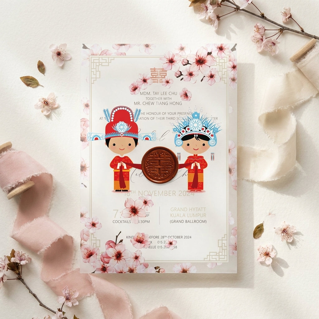 Wedding invitation card with cartoon characters and cherry blossoms on a light background
