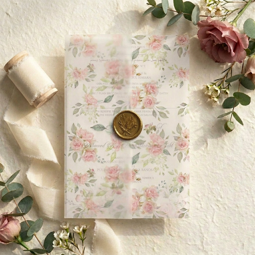 Floral-patterned vellum paper with a wax seal, surrounded by flowers and ribbons on a textured surface.