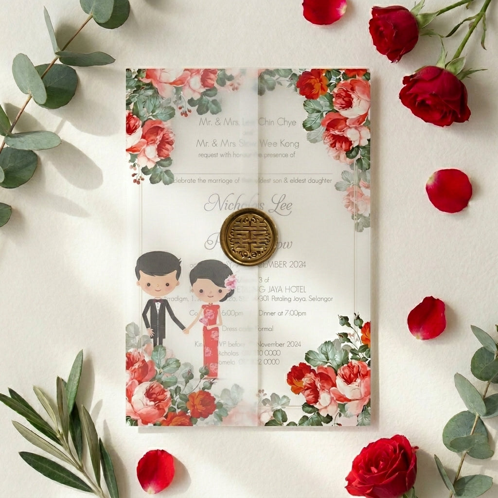 Wedding invitation card with floral design and couple illustration, surrounded by red roses and green leaves.