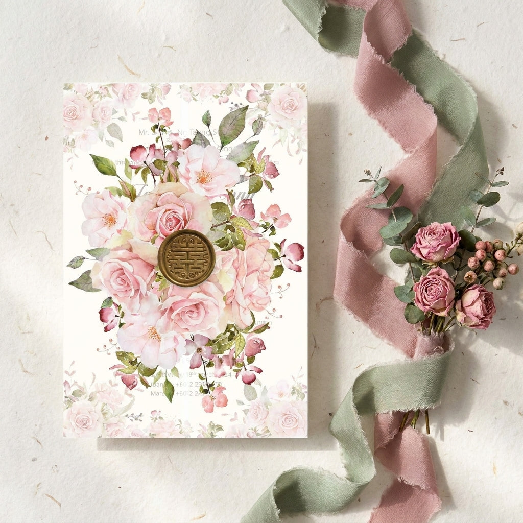 Floral wedding card with pink roses and greenery on a textured surface with ribbons.