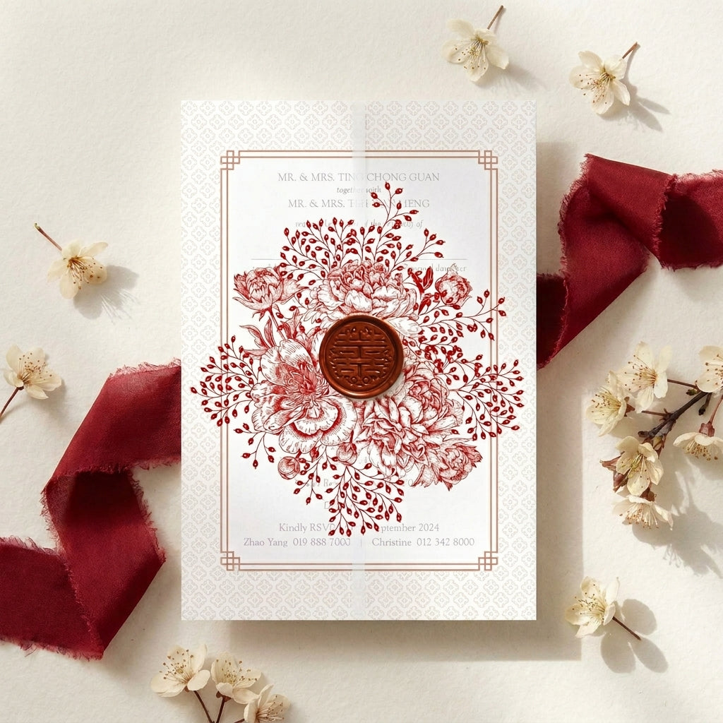 Red wedding invitation with floral design and red ribbon on a light background