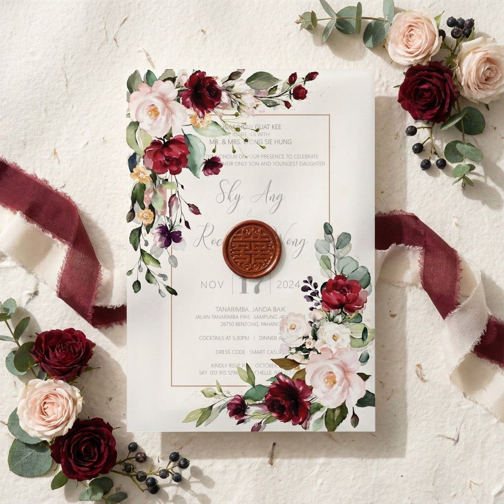 Wedding invitation card with floral design and wax seal on a textured surface.