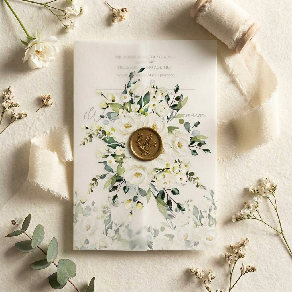 Floral invitation card with a wax seal on a light background