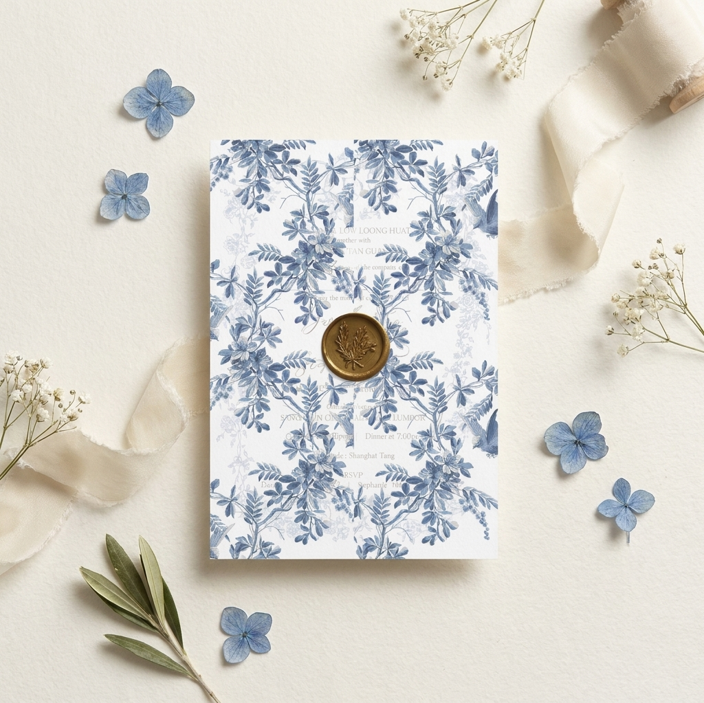 Vellum wedding invitation with blue floral pattern on a light background with flowers and ribbons