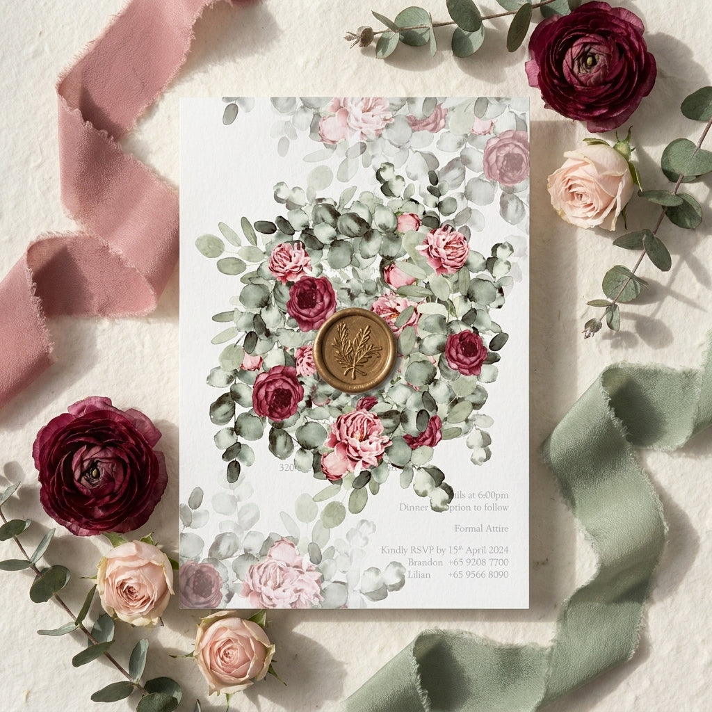 Floral wedding invitation card with roses and ribbons on a light background