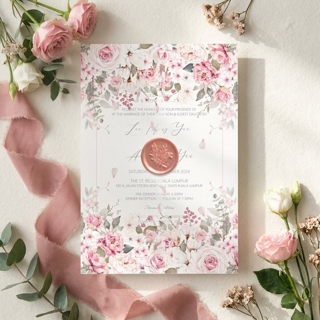 Floral wedding invitation with pink roses and greenery on a light surface with flowers and ribbon.