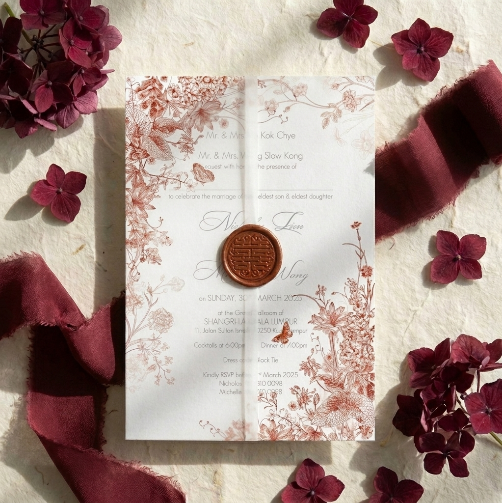 Decorative wedding invitation with floral design and wax seal, surrounded by red flowers on a textured surface.