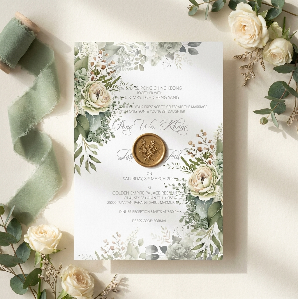 Wedding invitation card with floral design and seal, surrounded by flowers and ribbons on a light background