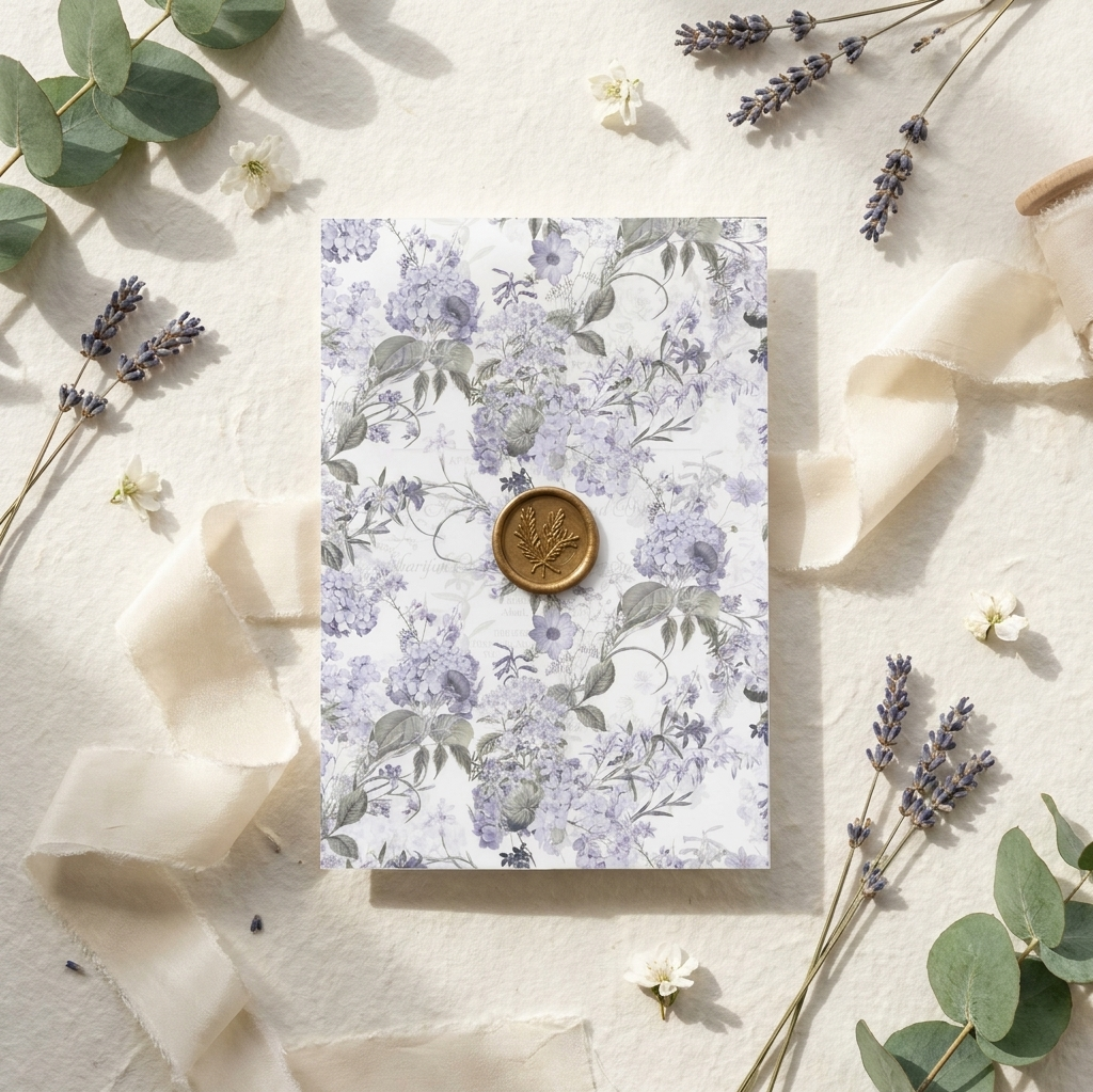 Floral wedding card with a gold seal surrounded by lavender and eucalyptus leaves on a light background